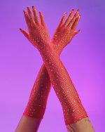 Red rhinestones fishnet gloves - Image 3