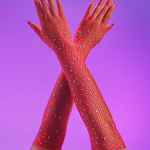 Red rhinestones fishnet gloves