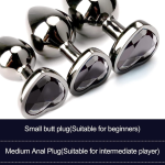 3 Sizes Metal Anal Plug Set with Black Heart-Shaped Buttom